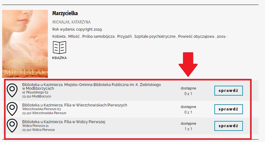 Strona katalogu biblioteki. Okładka książki „Marzycielka”. Poniżej w czerwonej ramce wszystkie biblioteki na terenie Gminy Modliborzyce,  w których jest dostępna książka.
