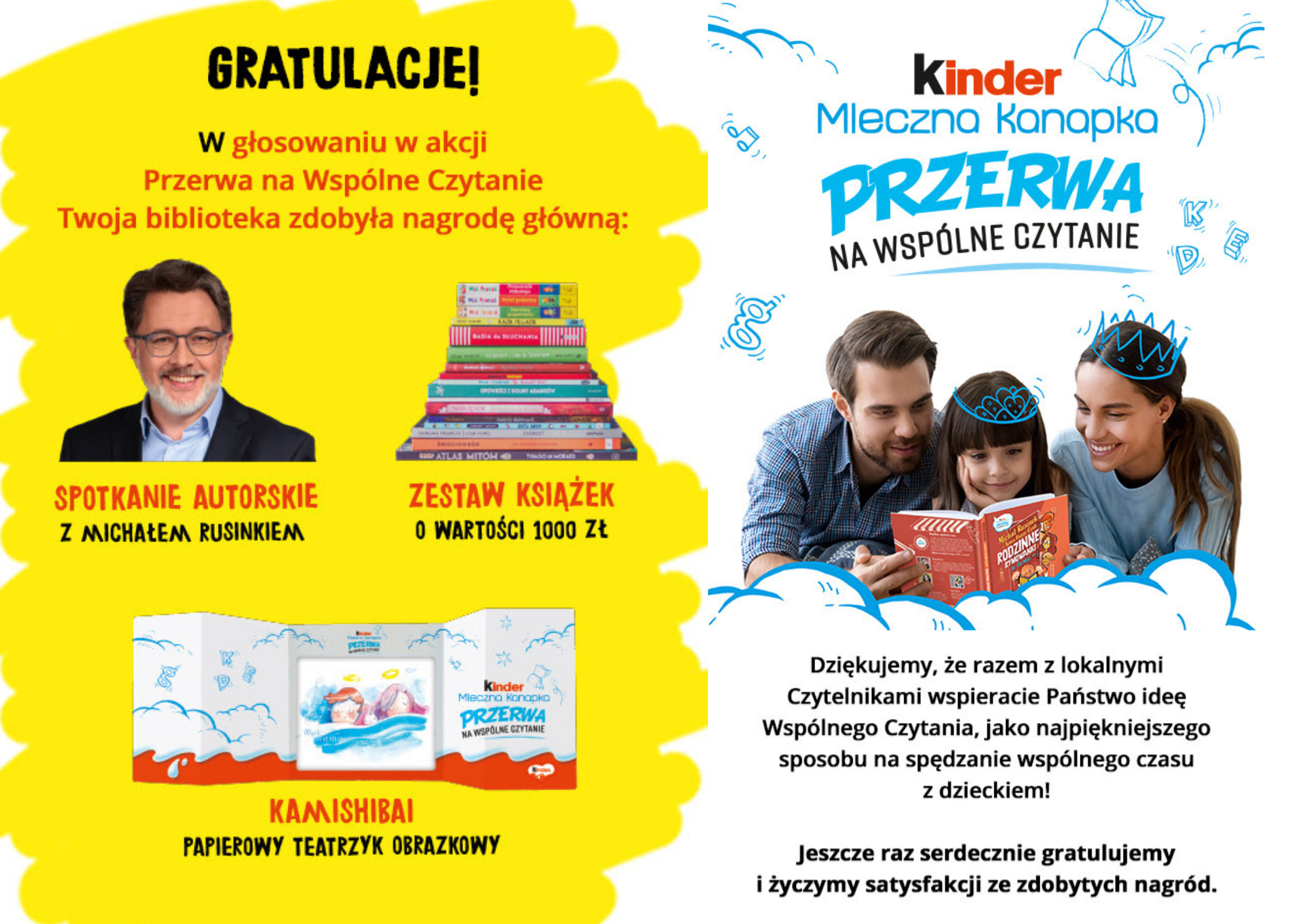 Po prawej logo akcji Kinder - mama, tata i dziecko czytający książkę, po lewej gratulacje za zwycięstwa oraz  wymienione nahrody tj.: spotkanie autorskie z Michałem Rusinkiem, zestaw książek o wartości 1000 zł oraz Kamishibai – papierowy teatrzyk obrazkowy. Wszytsko utrzymane w kolorystyce niebieskiej, żółtej i czerwonej. 