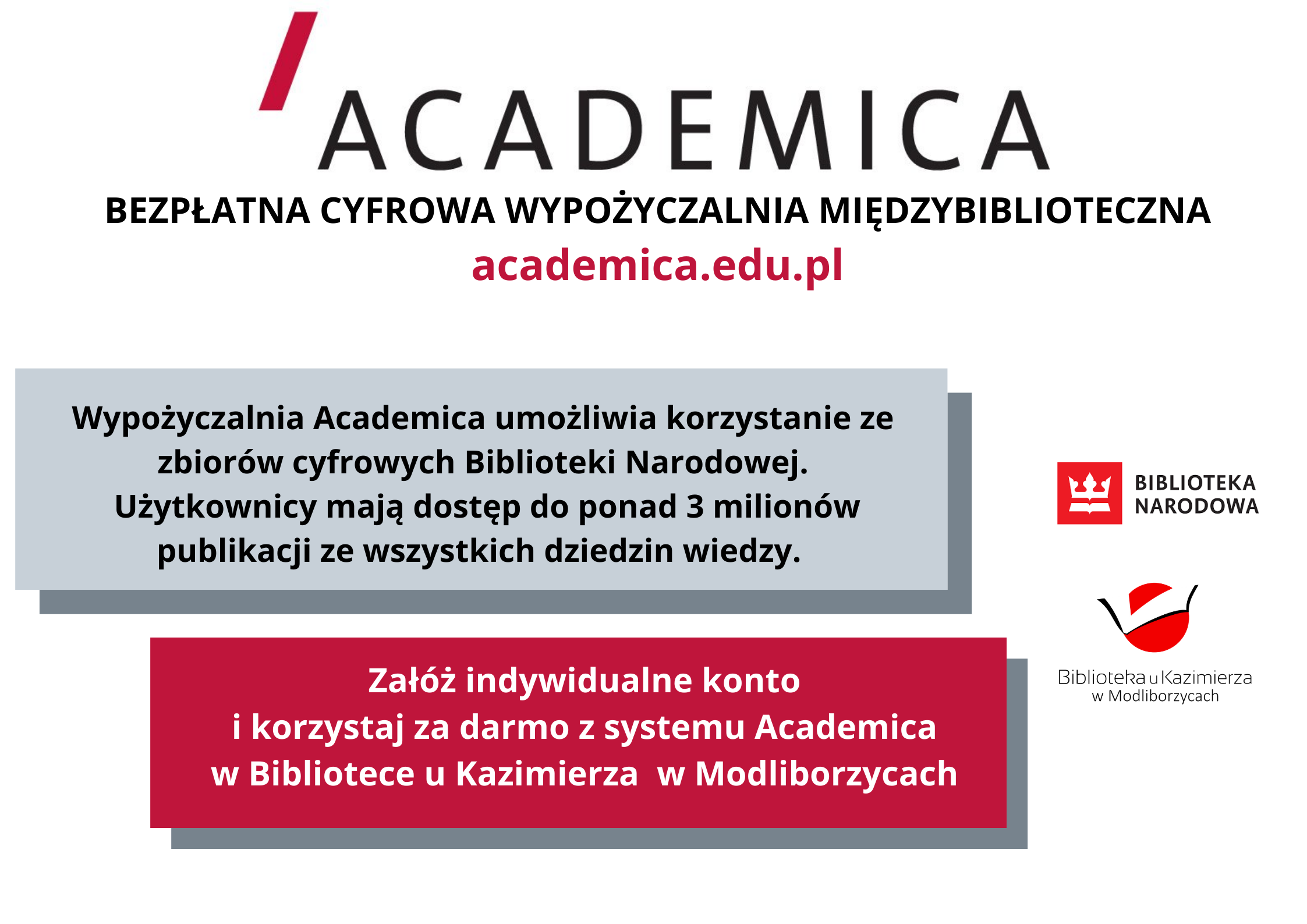 Na zdjęciu informacje dotyczące systemu Academica tj.ACADEMICA - bezpłatna cyfrowa wypożyczalnia, oferuje dostęp do ponad  dostęp do ponad 3 milionów publikacji ze wszystkich dziedzin wiedzy: podręczników, skryptów, czasopism naukowych itp. Kilkając w grafikę przeniesiemy się na stronę Academiki. 