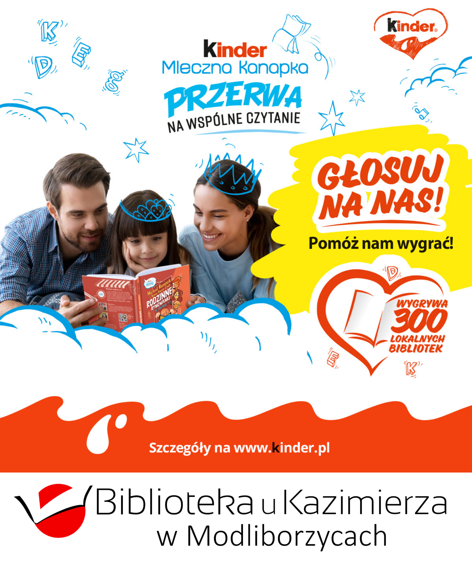 grafika KINDER INFORMUĄCVA O GŁOSOWANIU W AKCJI PZRERWA NA WSPÓŁNE CZYTANIE!