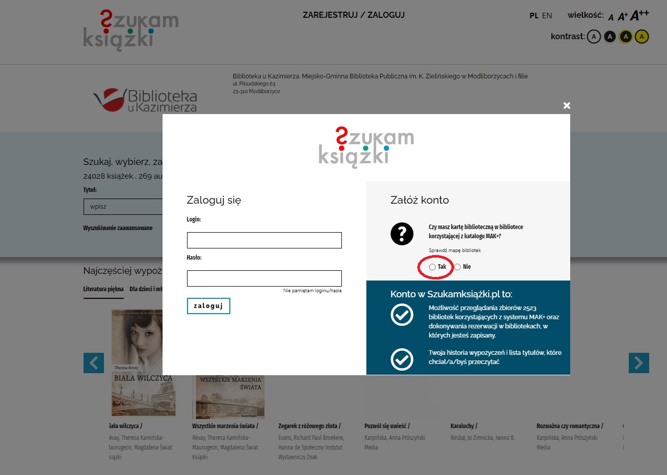 Okno do rejestracji lub logowania czytelnika do katalogu na stronie szukam książki.