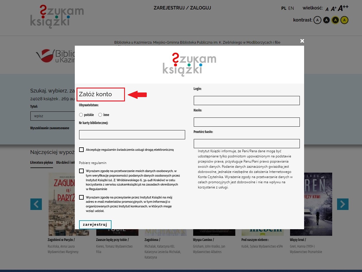 Okno na stronie „szukam książki” – prowadzi czytelnika jak założyć konto.