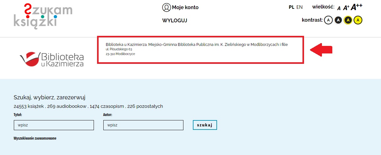 Okno strony szukam książki – Moje konto. W czerwonej ramce nazwa biblioteki Biblioteka u Kazimierza. Poniżej na niebieski tle dwa paski, gdzie wpisujemy autora i tytuł szukanej książki.