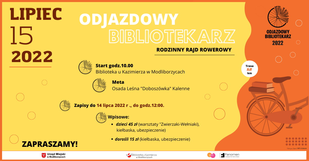 Wszystkie znaki na niebie wskazują, że w piątek ?? ????? ???? ?. nie będzie padało. Dlatego serdecznie zapraszamy Was na rajd rowerowy ODJAZDOWY BIBLIOTEKARZ 2022. Startujemy o 10:00 spod biblioteki (zbiórka 9:30) i jedziemy do „Doboszówki”, gdzie czeka nas moc atrakcji. 	Kto ma jeszcze chęć do nas dołączyć może się zapisać do czwartku, do godz. 12:00. Zapraszamy!