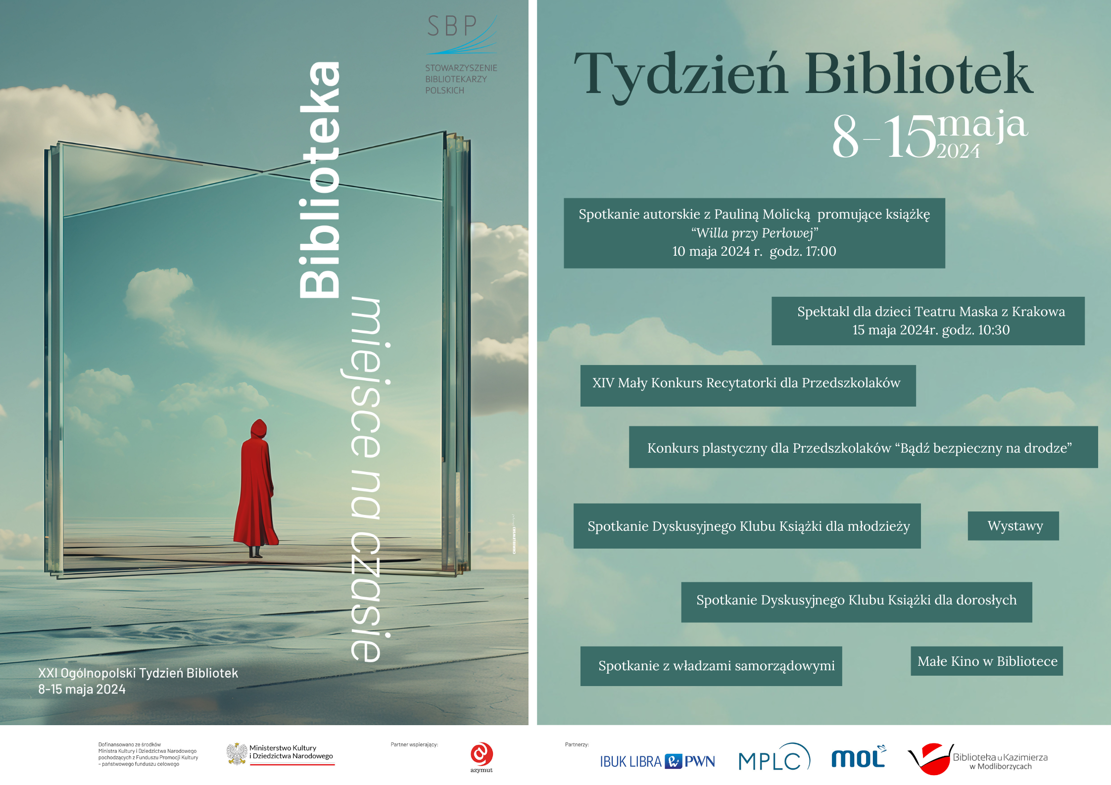  W dniach 8-15 maja 2024 roku po raz dwudziesty pierwszy Stowarzyszenie Bibliotekarzy Polskich organizuje Tydzień Bibliotek – ogólnopolski program promocji czytelnictwa i bibliotek.           Ma on na celu podkreślanie roli czytania i bibliotek w poprawie jakości życia, edukacji oraz zwiększanie prestiżu zawodu bibliotekarza i zainteresowania książką szerokich kręgów społeczeństwa. Tegoroczna edycja Tygodnia Bibliotek 2024 odbywa się pod hasłem "Biblioteka - miejsce na czasie!" 