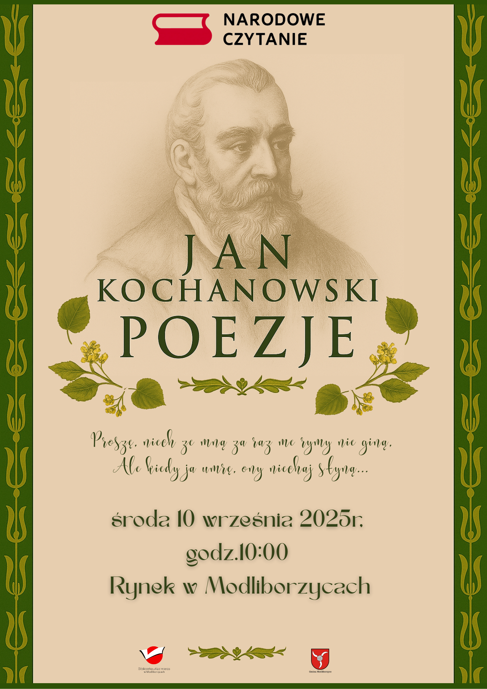 Biblioteka u Kazimierza  zaprasza do udziału w 14. edycji Narodowego Czytania! Tegoroczna akcja będzie poświęcona twórczości Jana Kochanowskiego. W śroe 10 września 2005 r. na rynku w Modliborzycach